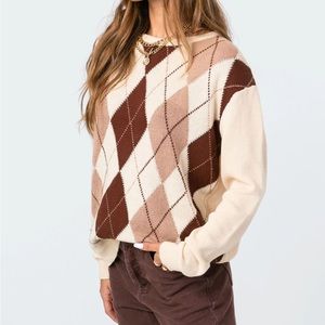 Cotton Argyle Sweater in Beige/Brown